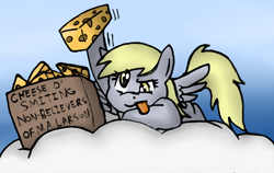 Size: 1800x1137 | Tagged: safe, artist:blayaden, character:derpy hooves, species:pegasus, species:pony, blep, cheese, cloud, female, frown, glare, gradient background, hoof hold, mare, meme, prone, solo, spread wings, thanks m.a. larson, throw the cheese, tongue out, wings