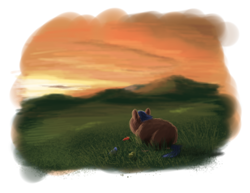 Size: 1408x1088 | Tagged: safe, artist:russian_hugboxer, field, fluffy pony, fluffy pony foals, fluffy pony mother, scenery, sunset