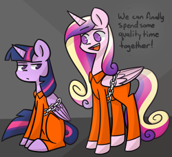 Size: 1024x939 | Tagged: safe, artist:flutternutpie, character:princess cadance, character:twilight sparkle, character:twilight sparkle (alicorn), species:alicorn, species:pony, bound wings, clothing, dialogue, duo, female, mare, optimism, prison, prison outfit, prisoner ts, sisters-in-law, twilight is not amused, unamused