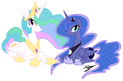 Size: 10500x6900 | Tagged: dead source, safe, artist:bronyfang, character:princess celestia, character:princess luna, species:alicorn, species:pony, g4, absurd resolution, female, hoof shoes, looking at you, mare, photoshop, prone, royal sisters, simple background, sisters, transparent background