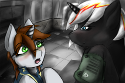 Size: 1920x1280 | Tagged: safe, artist:thunder-stream, oc, oc only, oc:littlepip, oc:velvet remedy, species:pony, species:unicorn, fallout equestria, clothing, fallout, fanfic, fanfic art, female, horn, mare, pipbuck, vault suit