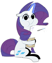 Size: 1024x1234 | Tagged: safe, artist:chandelurres, character:rarity, species:pony, species:unicorn, :>, :t, comfort eating, crying, empty eyes, female, glowing horn, hoof hold, horn, ice cream, levitation, looking at you, magic, magic aura, mare, no iris, puffy cheeks, sad, simple background, solo, spoon, teary eyes, telekinesis, transparent background, vector