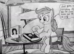 Size: 1980x1440 | Tagged: safe, artist:ocredan, character:scootaloo, controller, female, joystick, monochrome, sketch, solo, traditional art, wii