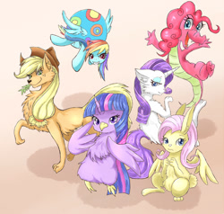 Size: 1200x1144 | Tagged: safe, artist:jiiko, character:angel bunny, character:applejack, character:fluttershy, character:gummy, character:opalescence, character:owlowiscious, character:pinkie pie, character:rainbow dash, character:rarity, character:tank, character:twilight sparkle, character:winona, species:dog, species:owl, species:rabbit, alligator, appledog, bunnyshy, cat, catified, dogified, fusion, gatorfied, gummy pie, mane six, pets, rainbow tank, raricat, raritessance, simple background, species swap, tortoise, turtle, twilight sparkowl, winonajack