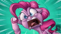 Size: 1200x674 | Tagged: safe, artist:chubby-kirin, character:pinkie pie, species:earth pony, species:pony, episode:pinkie pride, g4, my little pony: friendship is magic, angry, faec, female, floppy ears, mare, open mouth, rage, redraw, scene interpretation, screenshot redraw, solo, tongue out, uvula