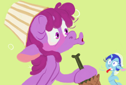 Size: 828x555 | Tagged: safe, artist:sugaryboogary, character:berry punch, character:berryshine, character:minuette, clothing, hat, lampshade, lampshade hat