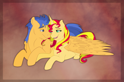 Size: 1024x680 | Tagged: dead source, safe, artist:llacky, character:flash sentry, character:sunset shimmer, species:pegasus, species:pony, species:unicorn, ship:flashimmer, couple, cuddling, female, holding hooves, hug, love, male, nuzzling, open mouth, prone, shipping, smiling, snuggling, straight, winghug