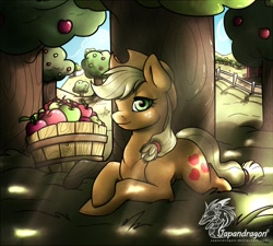 Size: 900x809 | Tagged: safe, artist:chubby-kirin, character:applejack, species:earth pony, species:pony, apple, applejack's hat, bucket, clothing, cowboy hat, crepuscular rays, dappled sunlight, female, freckles, hat, lidded eyes, mare, orchard, prone, shade, solo, sweet apple acres, tree