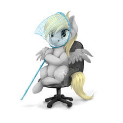 Size: 1024x1024 | Tagged: safe, artist:katemaximova, character:derpy hooves, species:pegasus, species:pony, butterfly net, chair, cute, derpabetes, female, hoof hold, mare, net, office chair, palindrome get, simple background, sitting, smiling, solo, spread wings, wings