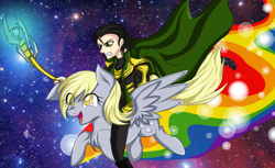 Size: 1296x792 | Tagged: safe, artist:artisticdoe, character:derpy hooves, species:human, bubble, chest fluff, crossover, fluffy, glare, gritted teeth, loki, open mouth, rainbow, riding, smiling, space, spread wings, staff, wings