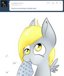 Size: 1280x1520 | Tagged: safe, artist:lilfaux, character:derpy hooves, ask, ask lil derpy, bubble wrap, filly, tumblr