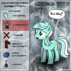 Size: 1280x1280 | Tagged: safe, artist:photonicsoup, character:lyra heartstrings, species:pony, species:unicorn, cannon, female, hand, hook, sock puppet, solo