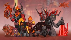 Size: 1920x1080 | Tagged: safe, artist:alevgor, character:lord tirek, species:demon pony, species:diamond dog, species:dog, arch devil, cerberus, cerberus (character), collar, crossover, demon, dog collar, fire, heroes of might and magic, imp, inferno, mane of fire, multiple heads, nightmare, pit lord, ponified, spiked collar, succubus, sword, three heads, weapon