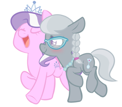 Size: 500x438 | Tagged: safe, artist:sorckylo, character:diamond tiara, character:silver spoon, species:earth pony, species:pony, ship:silvertiara, blushing, eyes closed, female, filly, floppy ears, lesbian, lidded eyes, open mouth, raised hoof, raised leg, running, shipping, simple background, smiling, underhoof, white background