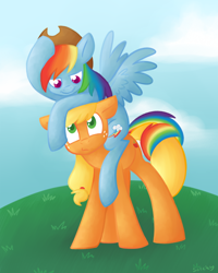 Size: 800x1000 | Tagged: safe, artist:sorckylo, character:applejack, character:rainbow dash, ship:appledash, female, intertwined tails, lesbian, ponies riding ponies, shipping