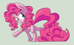 Size: 1000x617 | Tagged: safe, artist:cobracookies, character:pinkie pie, species:earth pony, species:pony, cute, diapinkes, female, gray background, simple background, solo