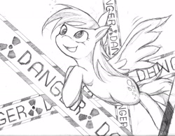 Size: 2180x1700 | Tagged: safe, artist:zaiyaki, character:derpy hooves, species:pegasus, species:pony, danger, female, flying, mare, monochrome, open mouth, sketch, smiling, solo, spread wings, traditional art, wings