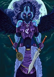 Size: 907x1280 | Tagged: safe, artist:kazen101, character:nightmare moon, character:princess luna, species:anthro, armor, female, mace, midriff, moon, solo, sword, warrior luna, weapon
