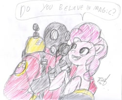 Size: 988x809 | Tagged: safe, artist:quakebrothers, character:pinkie pie, pyro, team fortress 2, traditional art