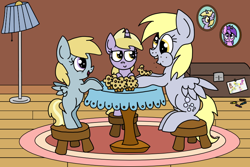 Size: 782x521 | Tagged: safe, artist:graciegirl328, character:amethyst star, character:chirpy hooves, character:derpy hooves, character:dinky hooves, character:doctor whooves, character:sparkler, character:time turner, species:pegasus, species:pony, chirpabetes, chirpy hooves, crayon, cute, derpabetes, dinkabetes, drawing, eating, equestria's best mother, female, mare, muffin