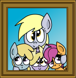 Size: 505x519 | Tagged: safe, artist:graciegirl328, character:chirpy hooves, character:derpy hooves, character:dinky hooves, character:scootaloo, species:pegasus, species:pony, chirpy hooves, cute, equestria's best mother, family photo, female, mare, smiling