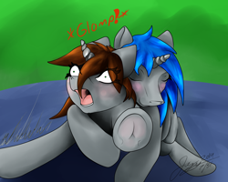 Size: 2500x2000 | Tagged: safe, artist:thunder-stream, oc, oc only, oc:homage, oc:littlepip, species:pony, species:unicorn, fallout equestria, blushing, eyes closed, fanfic, fanfic art, female, glomp, hooves, horn, hug, lesbian, lying down, mare, oc x oc, open mouth, prone, shipping, smiling, teeth, underhoof