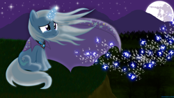 Size: 3840x2160 | Tagged: safe, artist:darkwolfmx, character:trixie, species:pony, species:unicorn, alicorn amulet, crying, female, happy, magic, mare, mare in the moon, moon, night, sitting, solo, stars, tears of joy
