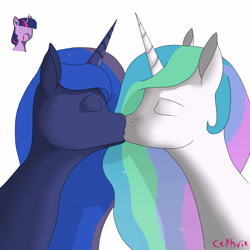 Size: 3000x3000 | Tagged: safe, artist:cephvik, character:princess celestia, character:princess luna, character:twilight sparkle, ship:princest, dare, female, incest, kissing, lesbian, nosebleed, shipping, simple background
