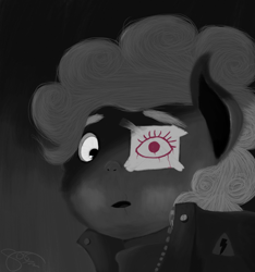 Size: 1618x1728 | Tagged: safe, artist:aruigus808, character:pinkie pie, clothing, eyepatch, female, jacket, solo