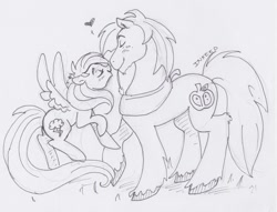 Size: 600x459 | Tagged: safe, artist:inkeed, character:big mcintosh, character:rainbow dash, species:earth pony, species:pony, ship:rainbowmac, boop, bronycon, commission, eyes closed, fluffy, heart, inked, lineart, male, monochrome, noseboop, nuzzling, raised hoof, shipping, size difference, smiling, smoldash, spread wings, stallion, straight, traditional art, unshorn fetlocks, wings