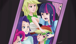 Size: 2281x1343 | Tagged: safe, artist:jenyeongi, character:applejack, character:fluttershy, character:pinkie pie, character:rainbow dash, character:rarity, character:twilight sparkle, episode:a perfect day for fun, g4, my little pony: equestria girls, my little pony:equestria girls, cellphone, humanized, mane six, selfie