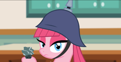 Size: 1366x703 | Tagged: safe, artist:sillyfillystudios, character:maud pie, character:pinkie pie, behaving like maud pie, female, hilarious in hindsight, muffin, muffins.pon, pickelhaube, rock