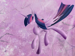 Size: 1024x768 | Tagged: safe, artist:lucitfandmlp, character:twilight sparkle, character:twilight sparkle (alicorn), species:alicorn, species:pony, eyes closed, female, flying, forest, mare, signature, solo