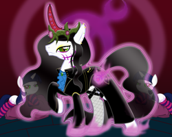 Size: 2025x1620 | Tagged: safe, artist:shwiggityshwah, species:alicorn, species:pony, species:unicorn, beanbag chair, bedroom eyes, chaos, clothing, coat, crown, daemon, daemonette, fabulous, fangs, god, heresy, jeans, male, piercing, ponified, slaanesh, socks, stockings, striped socks, tattoo, this will end in heresy, this will end in jail time, this will end in pain, this will end in pain and/or death, this will end in snu snu, this will end in tears, this will end in tears and/or death, trap, vest, warhammer (game), warhammer 40k, warp