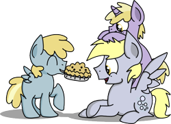 Size: 554x401 | Tagged: safe, artist:graciegirl328, character:chirpy hooves, character:derpy hooves, character:dinky hooves, species:pegasus, species:pony, species:unicorn, chirpy hooves, colt, dopey hooves, equestria's best daughter, equestria's best son, family, father, male, mouth hold, muffin, pie, rule 63, son, stallion, twerpy hooves