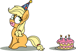 Size: 779x528 | Tagged: safe, artist:graciegirl328, character:applejack, blank flank, cake, clothing, hat, liar face, liarjack, party hat, scrunchy face, simple background