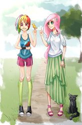 Size: 661x1000 | Tagged: safe, artist:ange4l, character:fluttershy, character:rainbow dash, species:bird, species:human, breasts, cat, clothing, converse, delicious flat chest, duo, duo female, female, flattershy, humanized, long skirt, sandals, shoes, shorts, skinny, skirt, tank top