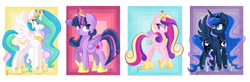 Size: 3660x1207 | Tagged: safe, artist:iguana14, character:princess cadance, character:princess celestia, character:princess luna, character:twilight sparkle, character:twilight sparkle (alicorn), species:alicorn, species:pony, alicorn tetrarchy, female, happy, mare, raised hoof, smiling, spread wings, wings