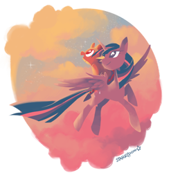 Size: 500x512 | Tagged: safe, artist:starrypon, character:spike, character:twilight sparkle, character:twilight sparkle (alicorn), species:alicorn, species:pony, cloud, cloudy, female, flying, limited palette, mare