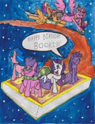 Size: 632x824 | Tagged: safe, artist:gojira007, character:coco pommel, character:daring do, character:princess cadance, character:rarity, character:twilight sparkle, oc, oc:bookish, traditional art