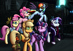 Size: 5208x3682 | Tagged: safe, artist:brainedbysaucepans, character:applejack, character:fluttershy, character:pinkie pie, character:rainbow dash, character:rarity, character:twilight sparkle, character:twilight sparkle (alicorn), species:alicorn, species:pony, city, cyberpunk, female, hmd, mane six, mare, night