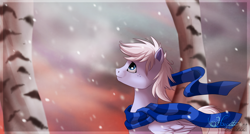 Size: 1024x549 | Tagged: safe, artist:hecatehell, oc, oc only, oc:spiringsnow, species:pegasus, species:pony, clothing, scarf, snow, snowfall, solo, sunset, wings