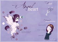Size: 1023x731 | Tagged: safe, artist:hecatehell, oc, oc only, oc:angel heart, species:pegasus, species:pony, clothing, reference sheet, scarf, solo, unshorn fetlocks, wings