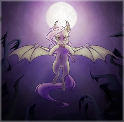 Size: 900x884 | Tagged: safe, artist:chubby-kirin, character:flutterbat, character:fluttershy, species:bat pony, species:pony, apple, bat wings, eating, female, flying, moon, night, solo, wings