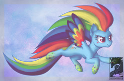 Size: 1200x786 | Tagged: safe, artist:chubby-kirin, character:rainbow dash, species:pegasus, species:pony, female, flying, mare, rainbow power, smiling, smirk, solo, wings