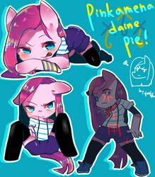 Size: 700x800 | Tagged: safe, artist:shaochi, character:pinkamena diane pie, character:pinkie pie, species:anthro, ambiguous facial structure, female, misspelling, pixiv, solo