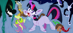 Size: 1280x571 | Tagged: safe, artist:sugaryboogary, character:discord, character:nightmare moon, character:princess luna, character:queen chrysalis, character:spike, character:twilight sparkle
