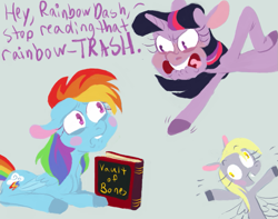 Size: 845x666 | Tagged: safe, artist:sugaryboogary, character:derpy hooves, character:rainbow dash, character:twilight sparkle, species:pegasus, species:pony, book, dialogue, female, hilarious in hindsight, mare, rainbow trash