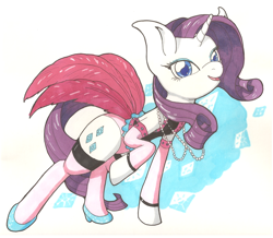 Size: 1908x1664 | Tagged: safe, artist:goomzz, character:rarity, species:pony, species:unicorn, abstract background, clothing, female, jewelry, looking at you, mare, necklace, shoes, solo, stockings, traditional art