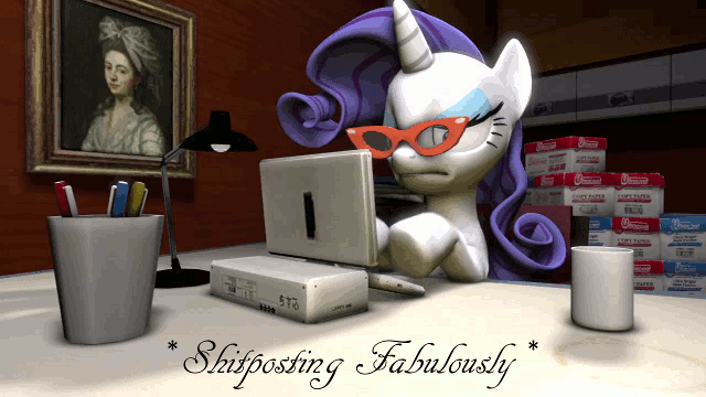 Size: 640x360 | Tagged: safe, artist:krunkidile, character:rarity, 3d, animated, cartoon horse program, computer, descriptive noise, female, frown, glare, glasses, horse taxes, laptop computer, meme, shitposting, solo, source filmmaker, typing, vulgar, youtube link